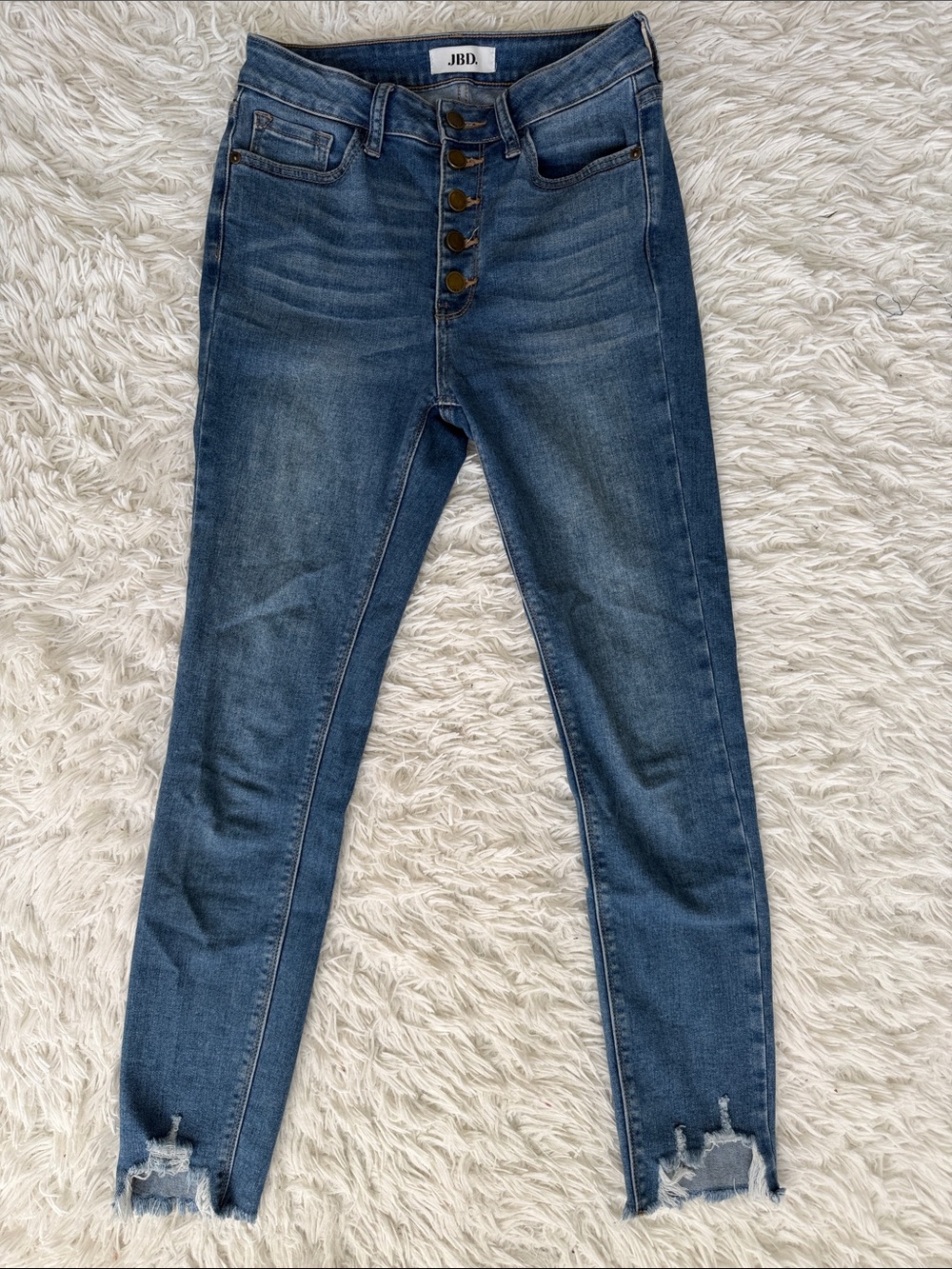 JBD Button Fly High Rise Raw Hem Straight Distressed Jeans, Size 26